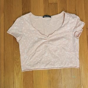 Shein pink floral scrunch crop tee